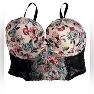 Victoria's Secret Floral Print Corset Bra full cover with Black Lace Size 36 DD